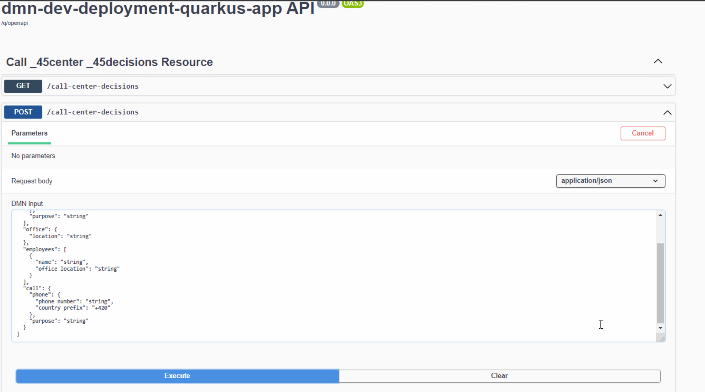 IBM Business Automation Manager Canvas Sample DMN Swagger UI page